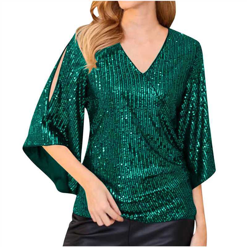 Women's Loose Mid-length Sequined T-shirt Short-sleeved Pullover Blouses