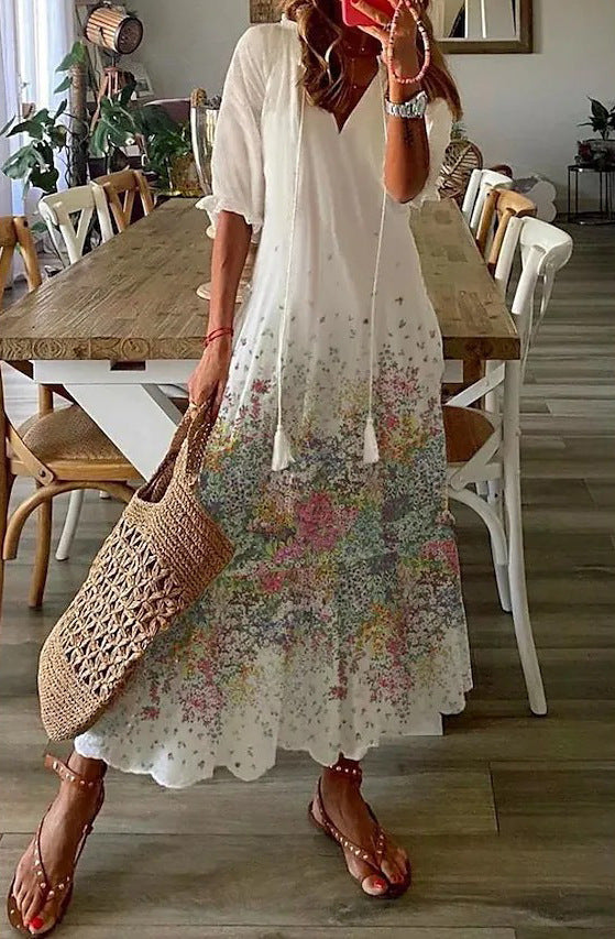 Women's Casual Sweet Loose Printed Tassel Long Dresses