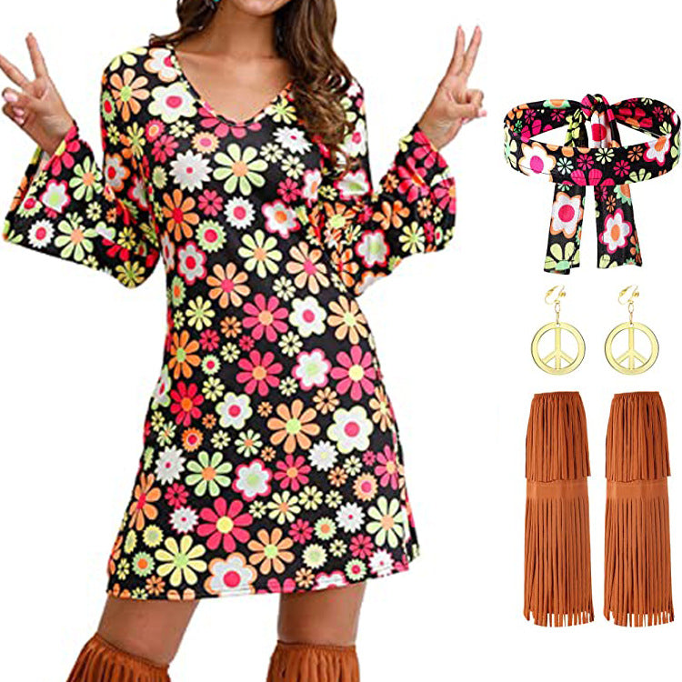 Halloween Generation Hippie Disco Festival Dress Headscarf Print Dresses