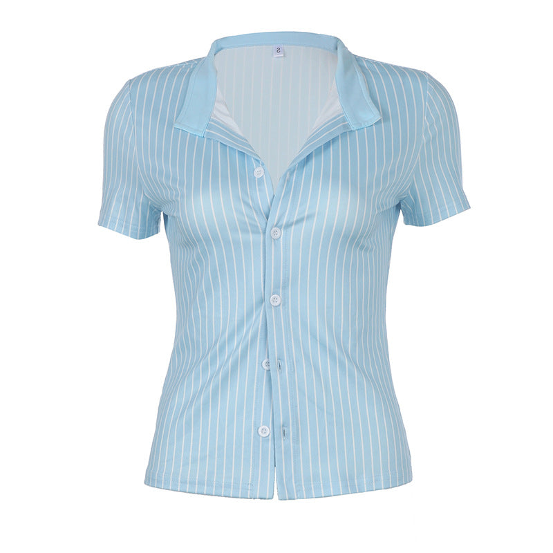 White Vertical Striped Collar Button Stitching Blouses