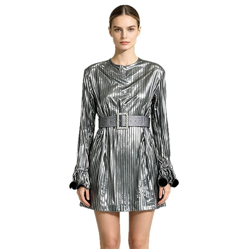Trendy Unique Belt Shiny Pleated Ultra Shorts