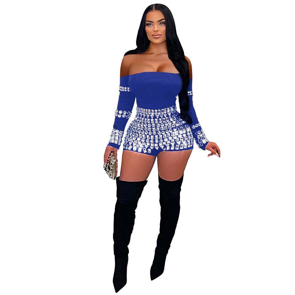 Women's Color Knitted Long Sleeve Rhinestone Sexy Jumpsuits
