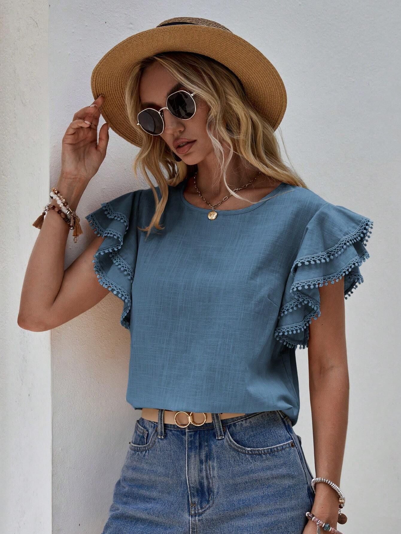 Women's Neck Summer Loose Shirt Lotus Leaf Batwing Tops