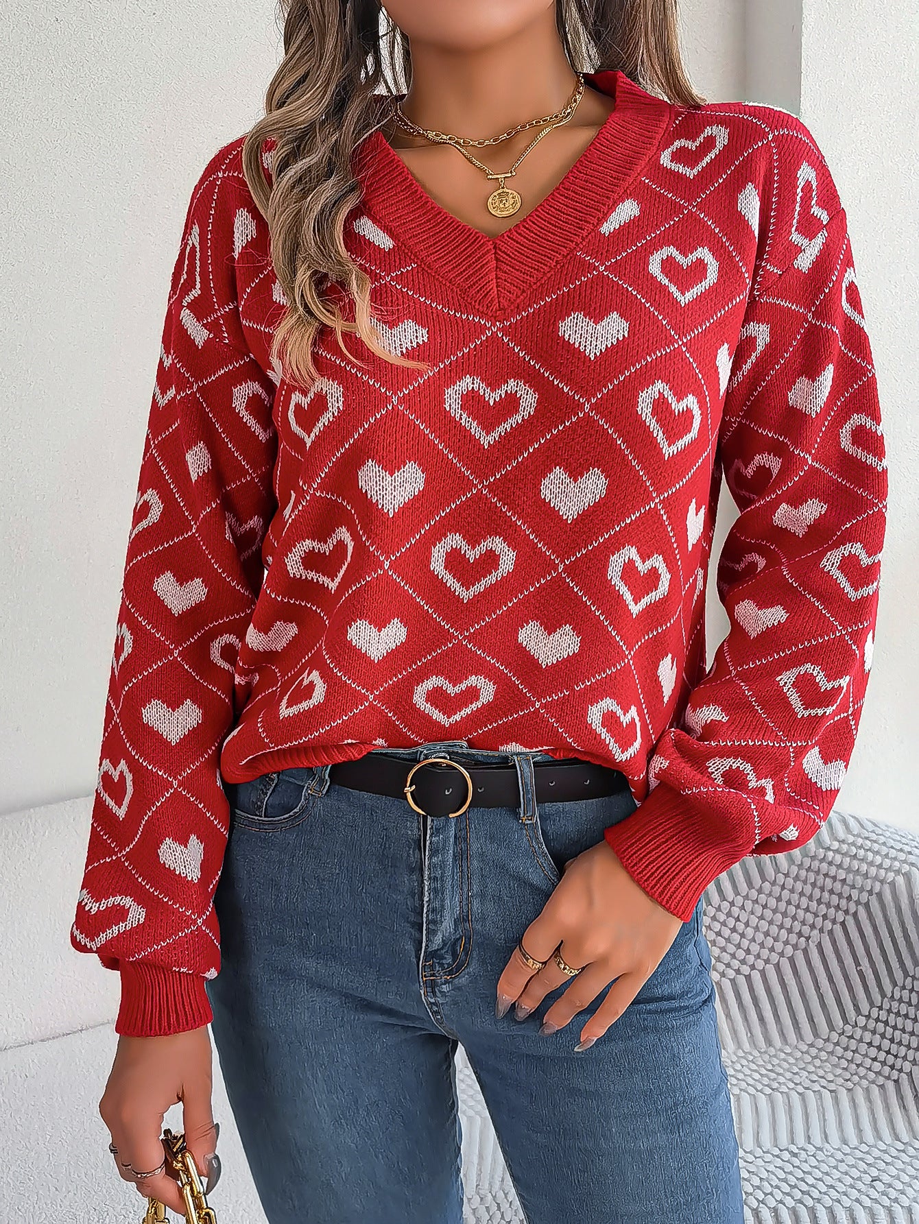 Women's Clearance Sweet Contrast Color Love Heart Lantern Sleeve Sweaters