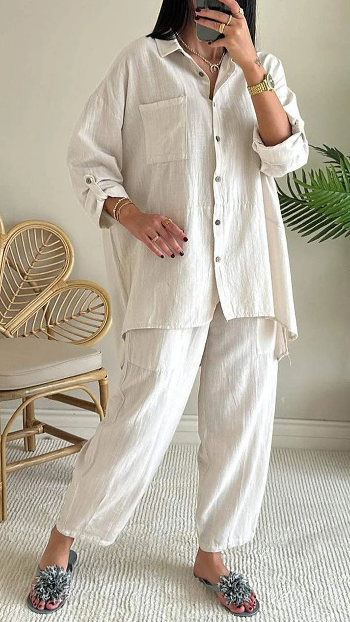 Women's Summer Set Cotton Linen Shirt Outfit Plus Size
