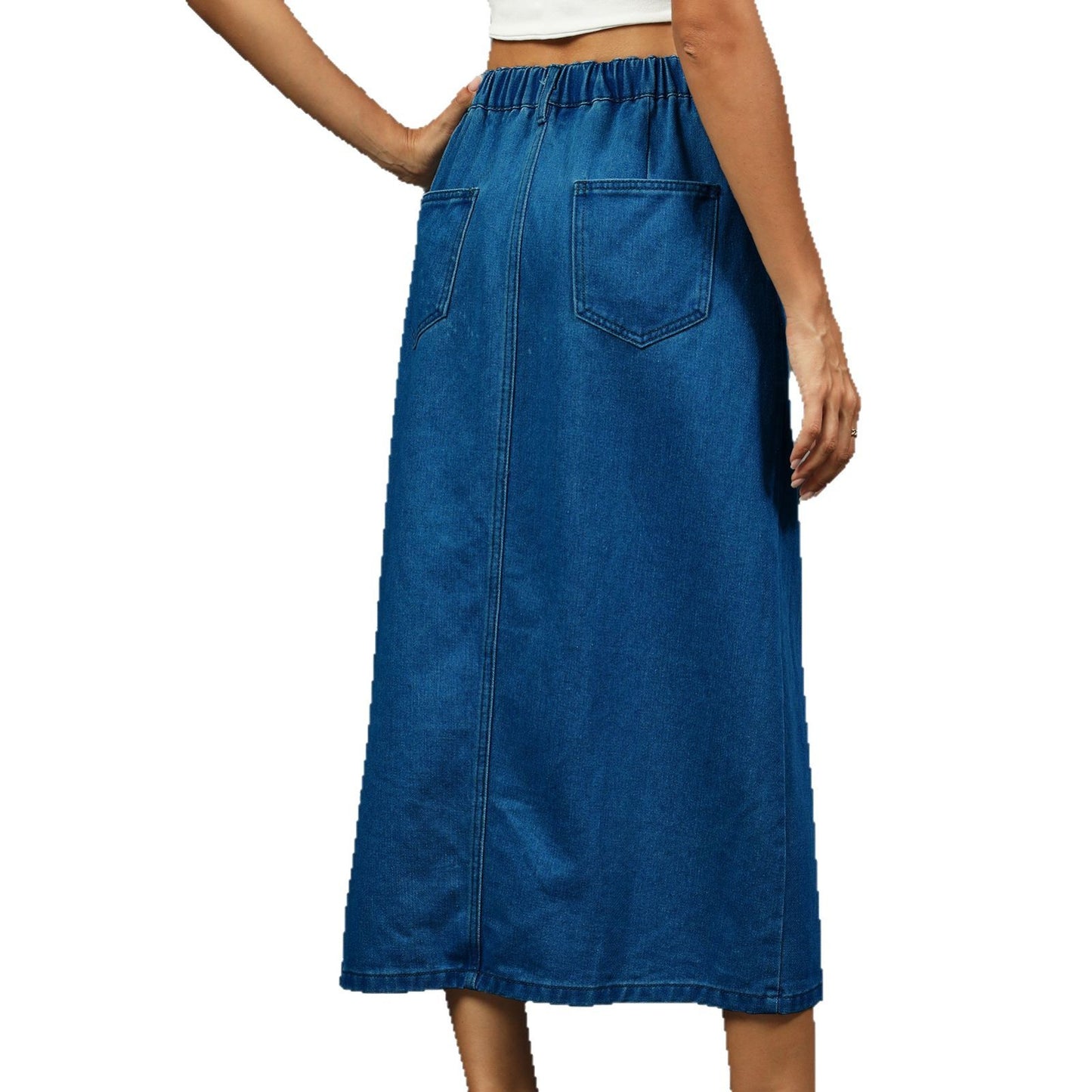 Women's Washed Split Button Denim Mid-length Fashion Skirts