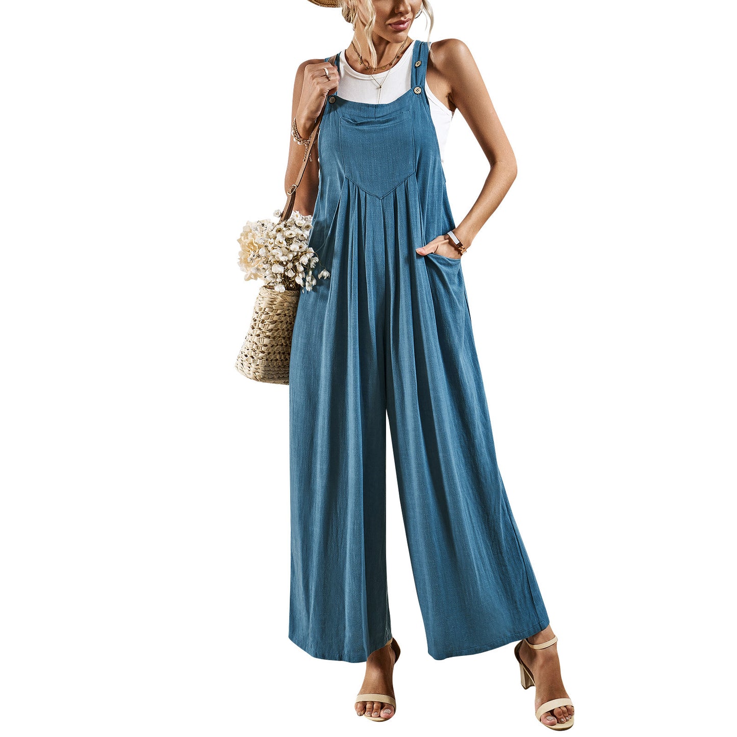 Women's Solid Color Suspender Summer Loose Wide Jumpsuits