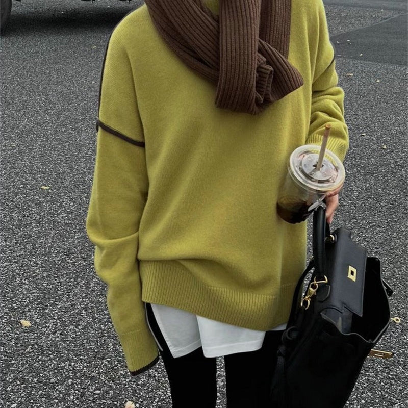 Women's Style Artistic Retro Loose Simple Round Neck Design Contrast Color Women's Sweater