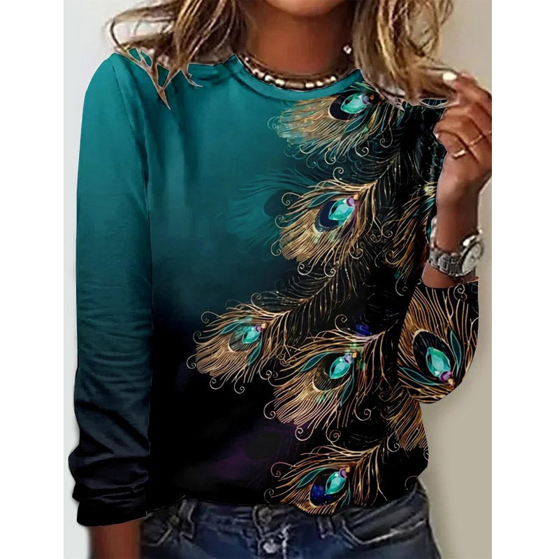 Women's Long Sleeve Printed Crew Neck T-shirt Blouses