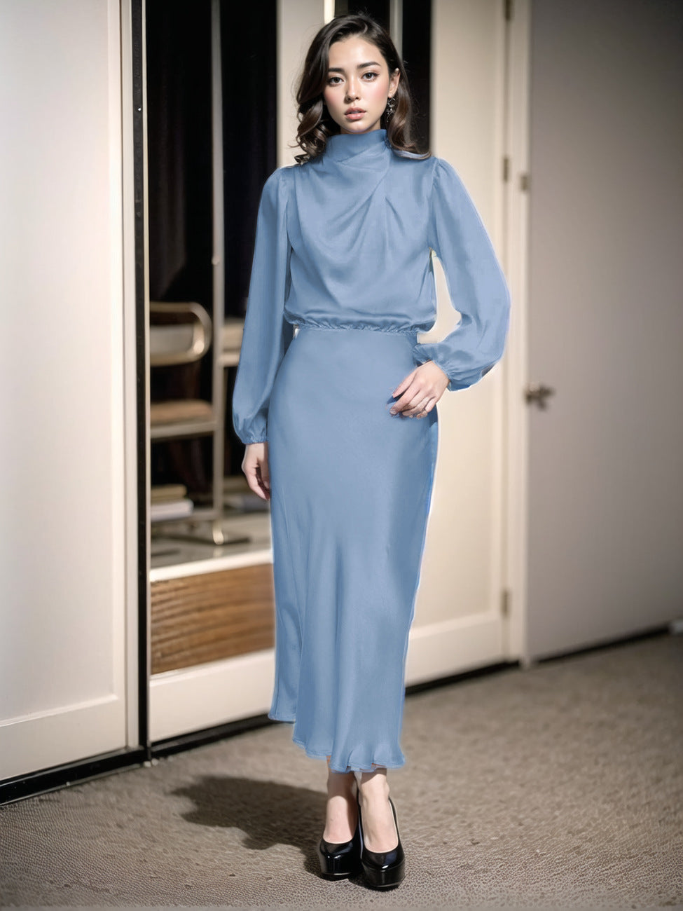 Women's Autumn High-grade Satin Long Sleeve Loose Dresses