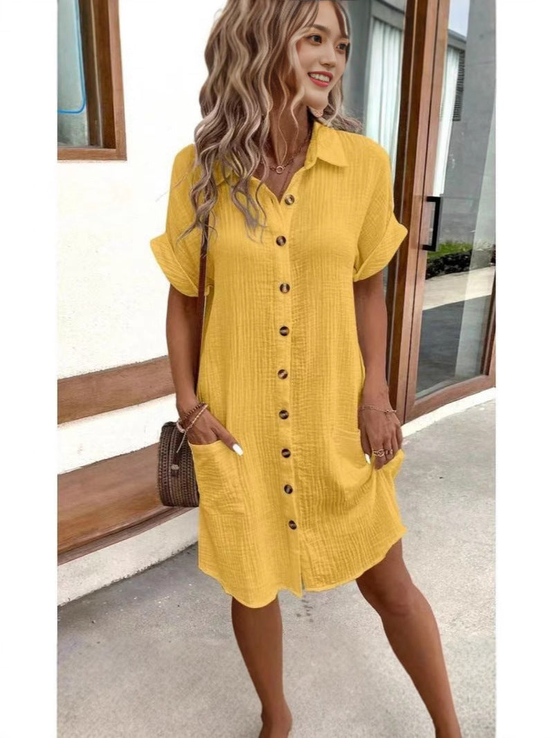 Women's Casual Solid Color Cotton Linen Breasted Mid-length Sleeve Clothing