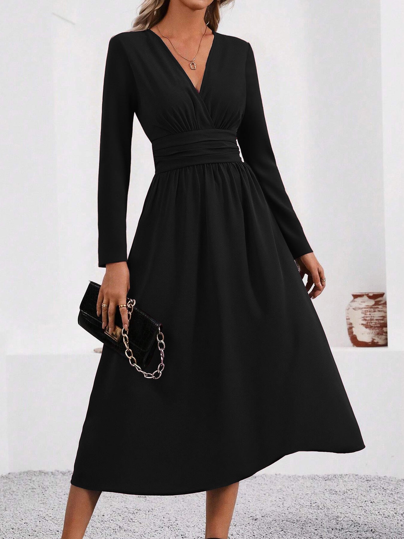 Women's Color Overlapping Long Sleeve Waist Pleated Dress
