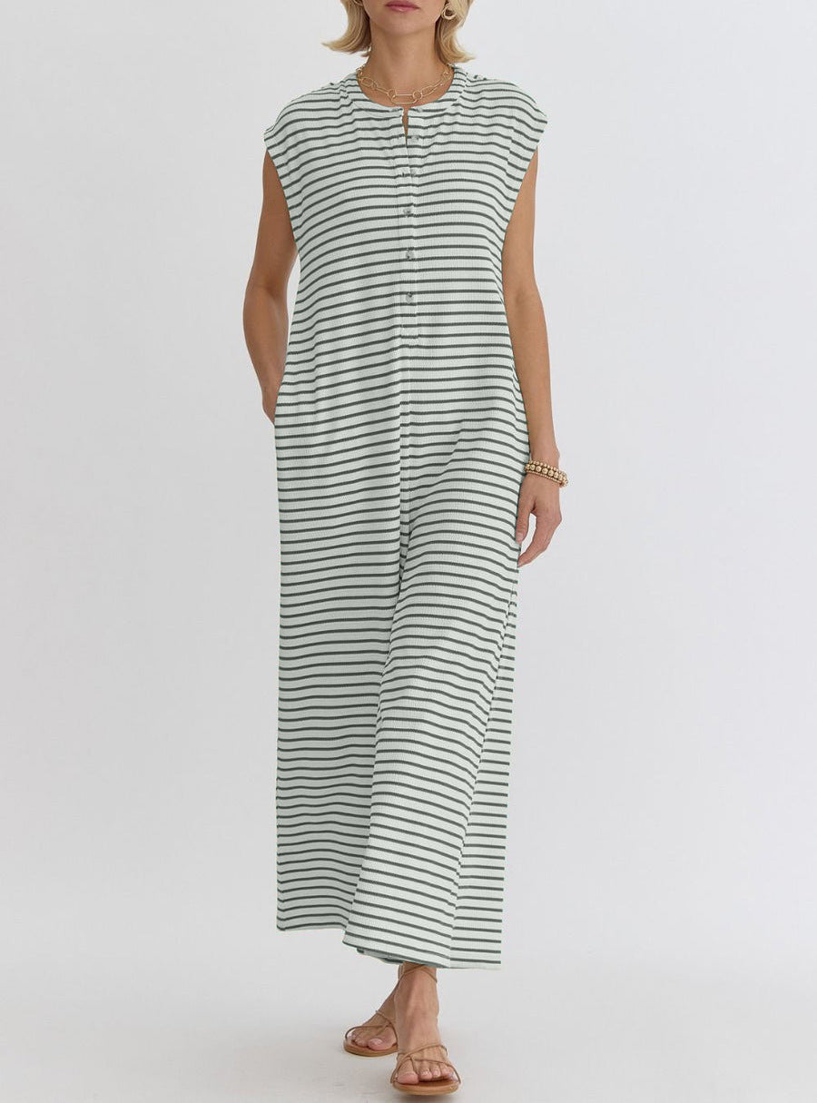 Women's Simple Loose Striped Sleeveless Wide Leg Jumpsuits