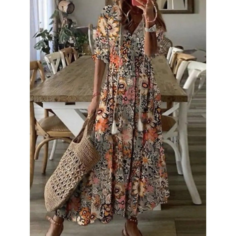 Casual Sweet Loose Printed Tassel Long Dresses