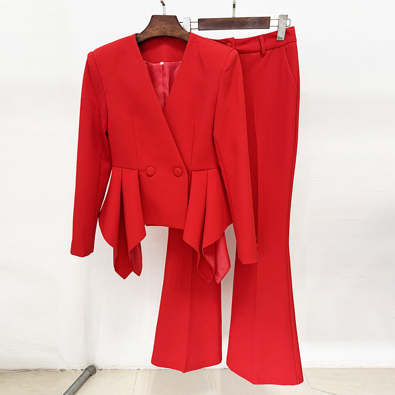 Stylish Designer Ruffle Slim Two-piece Set Suits