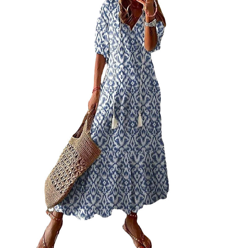 Casual Sweet Loose Printed Tassel Long Dresses