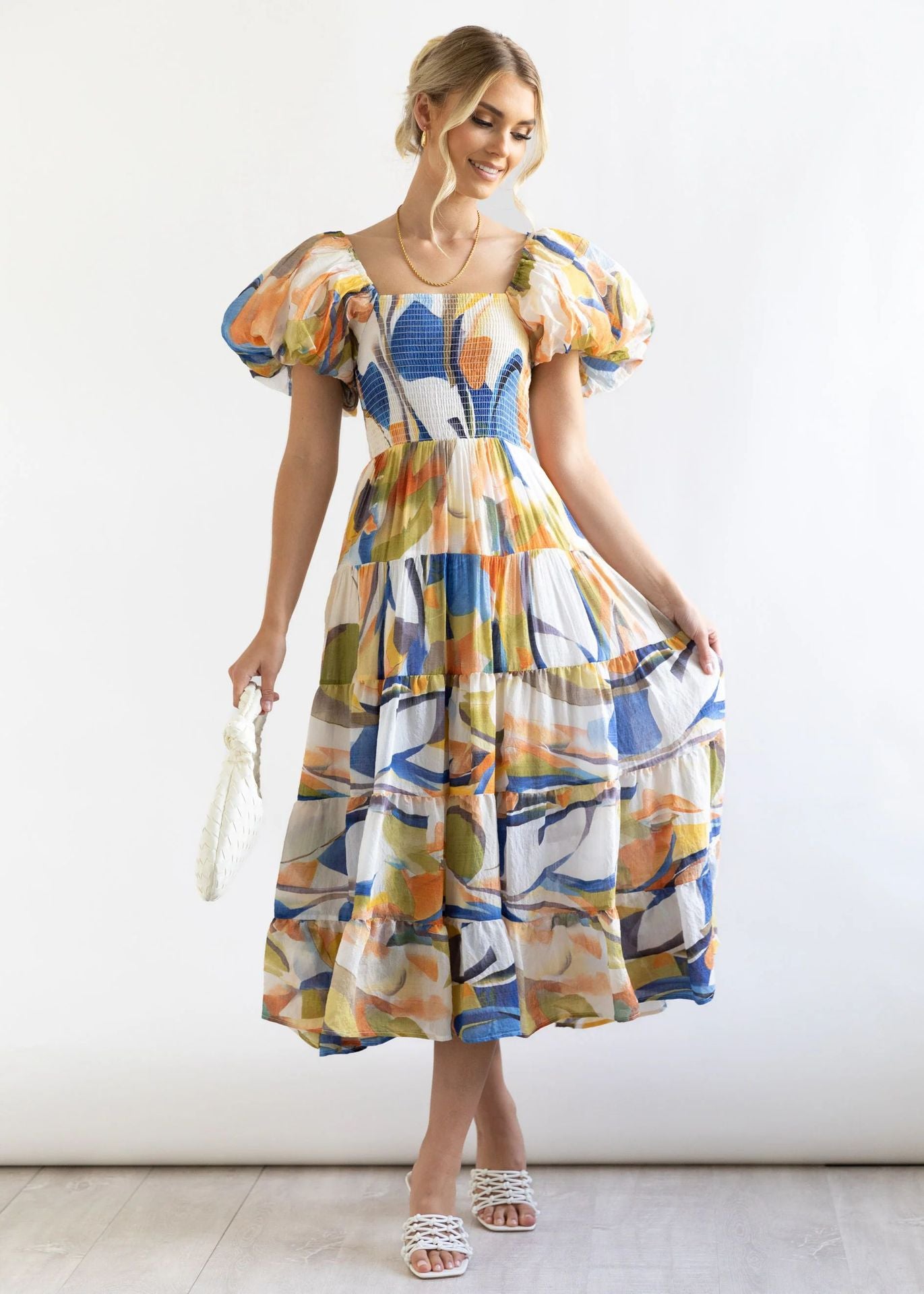 Women's Summer Puff Sleeve Holiday Slim Looking Long Dress Hot Dresses