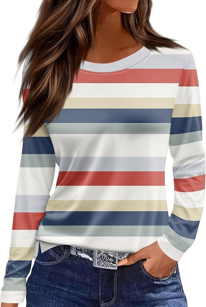 Women's Round Neck Printed Solid Color Long Blouses