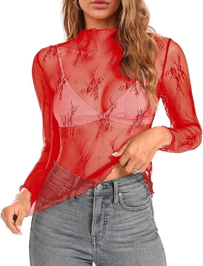 Women's Spring Mesh Long Sleeve Floral Embroidery Blouses