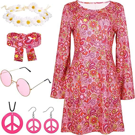 Halloween Generation Hippie Disco Festival Dress Headscarf Print Dresses