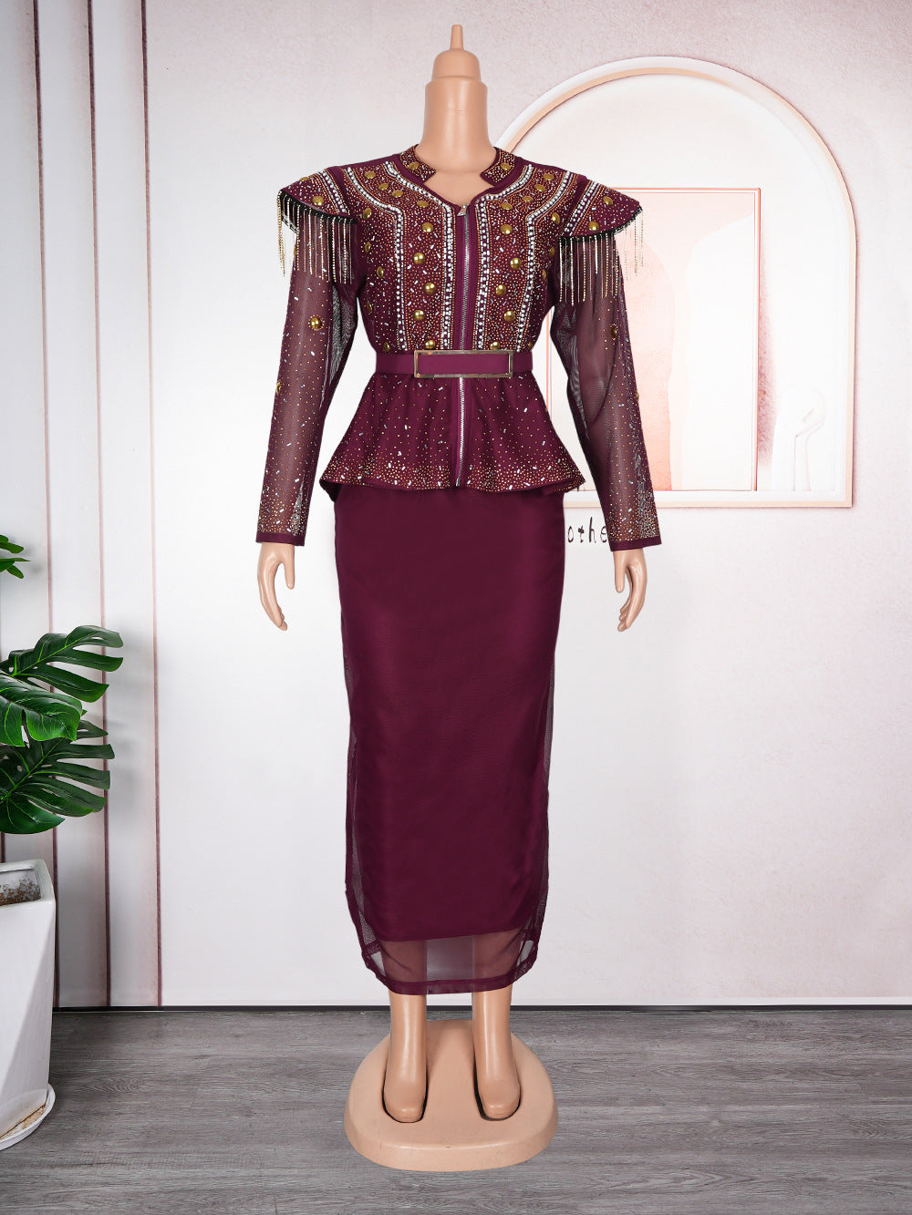 Women's African Dress Rhinestone Two-piece Set Suits