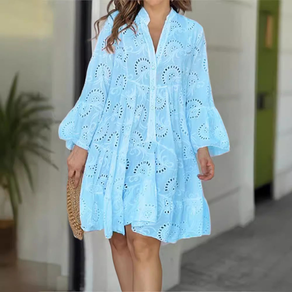 Solid Color Loose Embroidered Cutout Lace Dresses