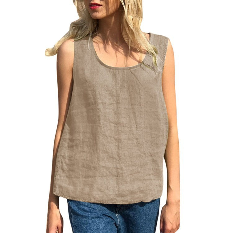 Women's Cotton Linen Summer Solid Color Round Tops