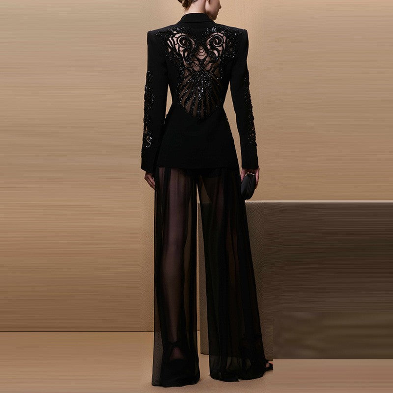 Early Spring Mesh Splicing Beads Chiffon Fashion Casual Suit