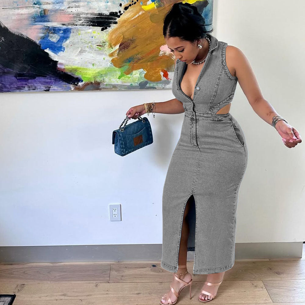 Women's Denim Dress Fashion Sexy Sleeveless Lapel Dresses