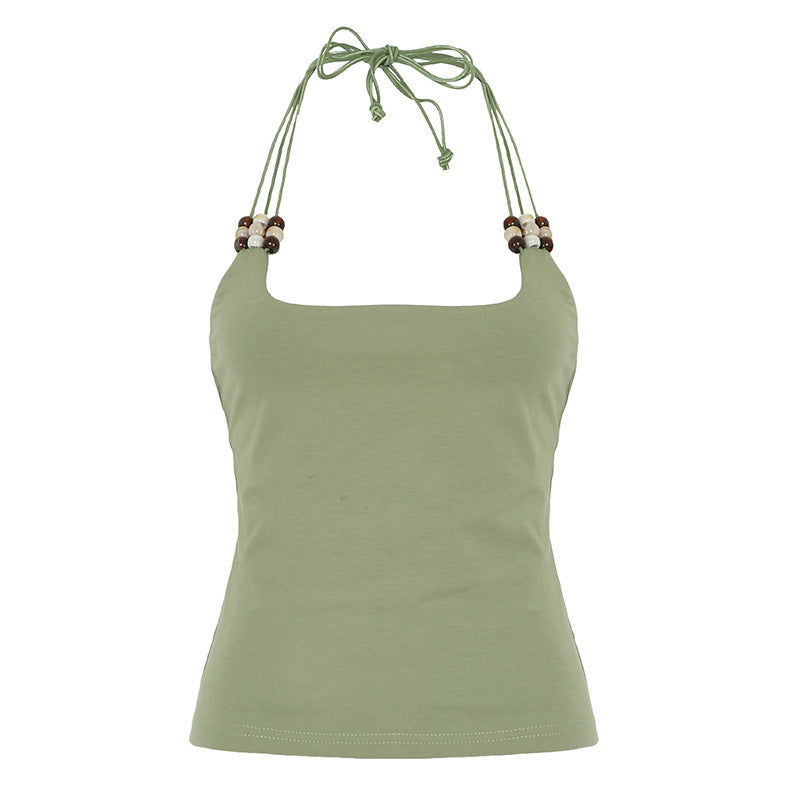 Retro Beaded Halter Design Sexy Backless Spaghetti Straps Tops