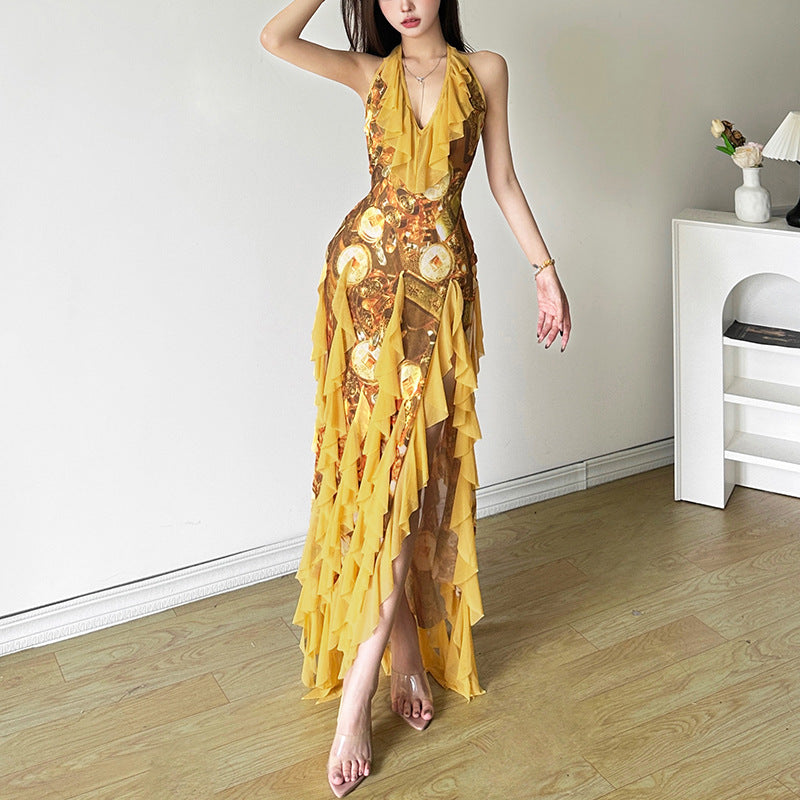 Women's Sexy Ruffles Vacation Style Hot Halter Dresses