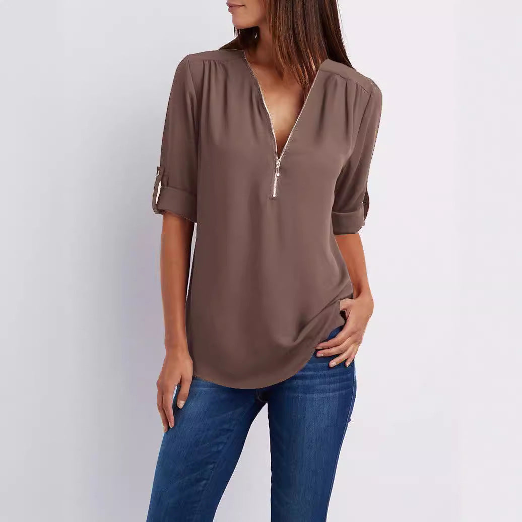 Women's Long Sleeve Rollable Sleeves Loose Chiffon Blouses