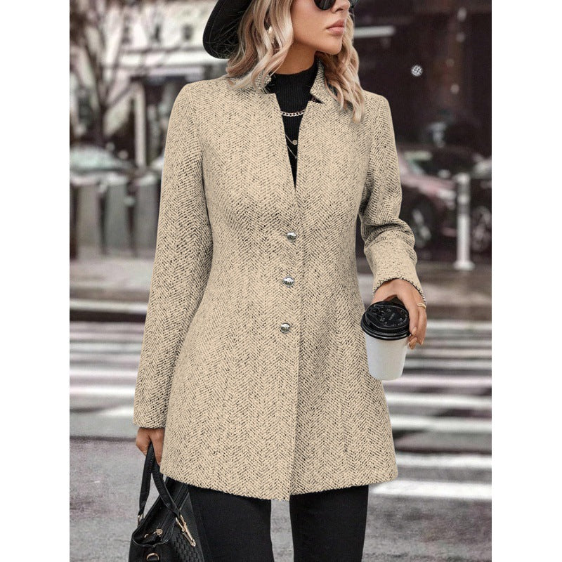 Women's Long Sleeve Solid Color Stand Collar Button Trench Fashion Coats