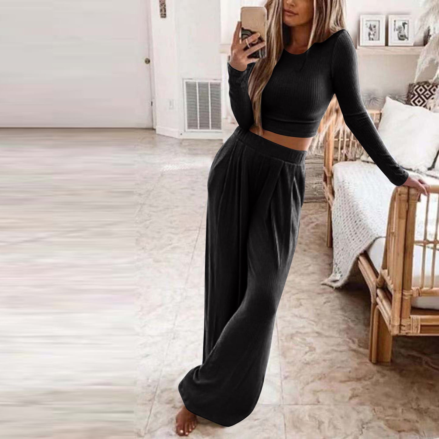 Women's Solid Color Knit Home Two-piece For Suits
