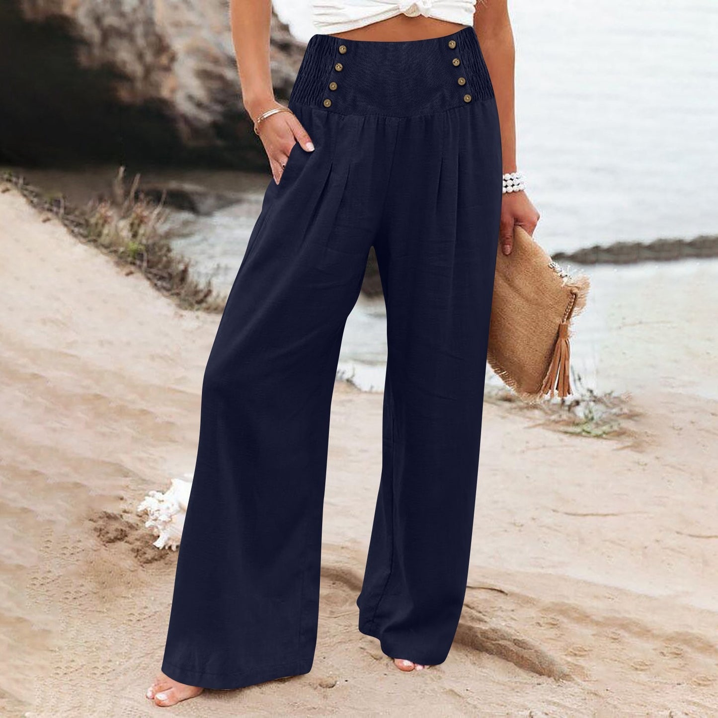 Women's Elastic Waist High Wide Leg Cotton Pants