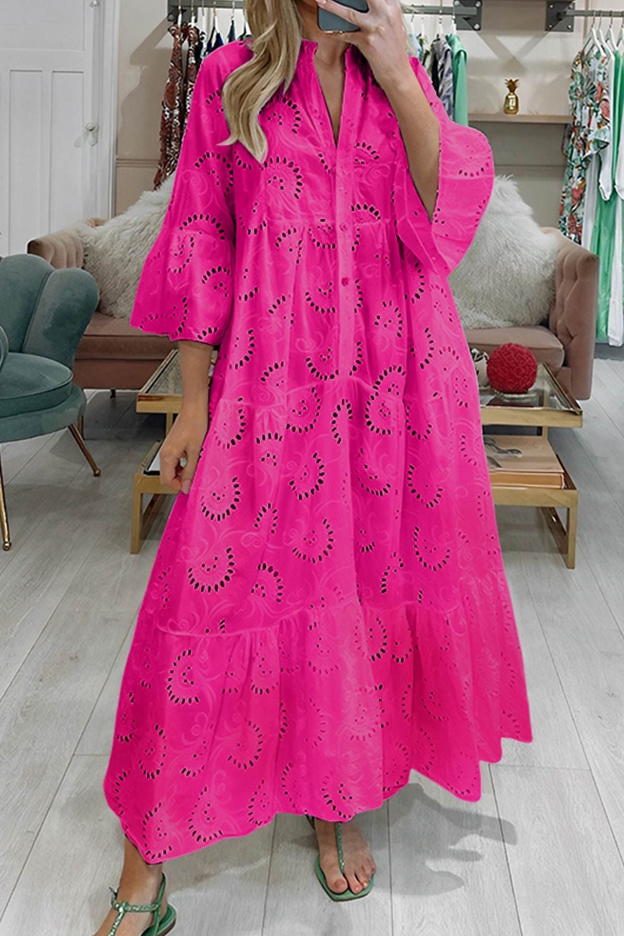 Women's Elegant Puff Sleeve Solid Color Hollow Loose Dresses