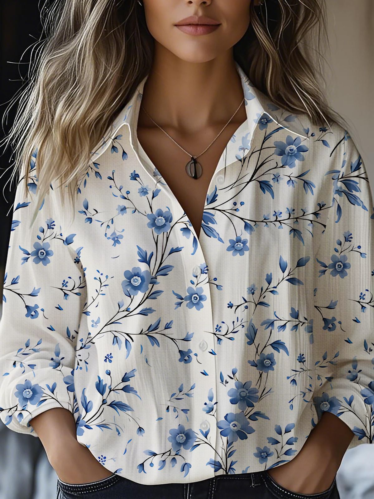 Printed Long-sleeved Shirt Imitation Cotton Linen Blouses