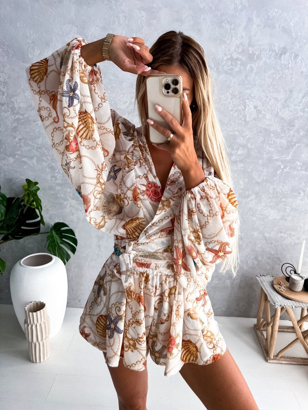 Casual Autumn Print Batwing Sleeve Long Jumpsuits