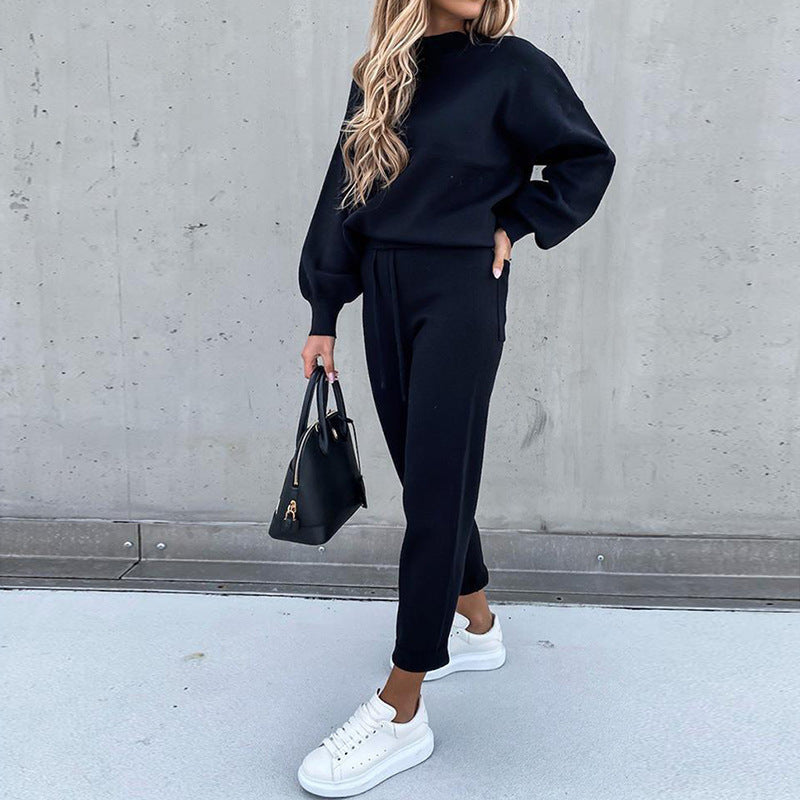 Women's Turtleneck Casual Solid Color Trousers Two-piece Suits