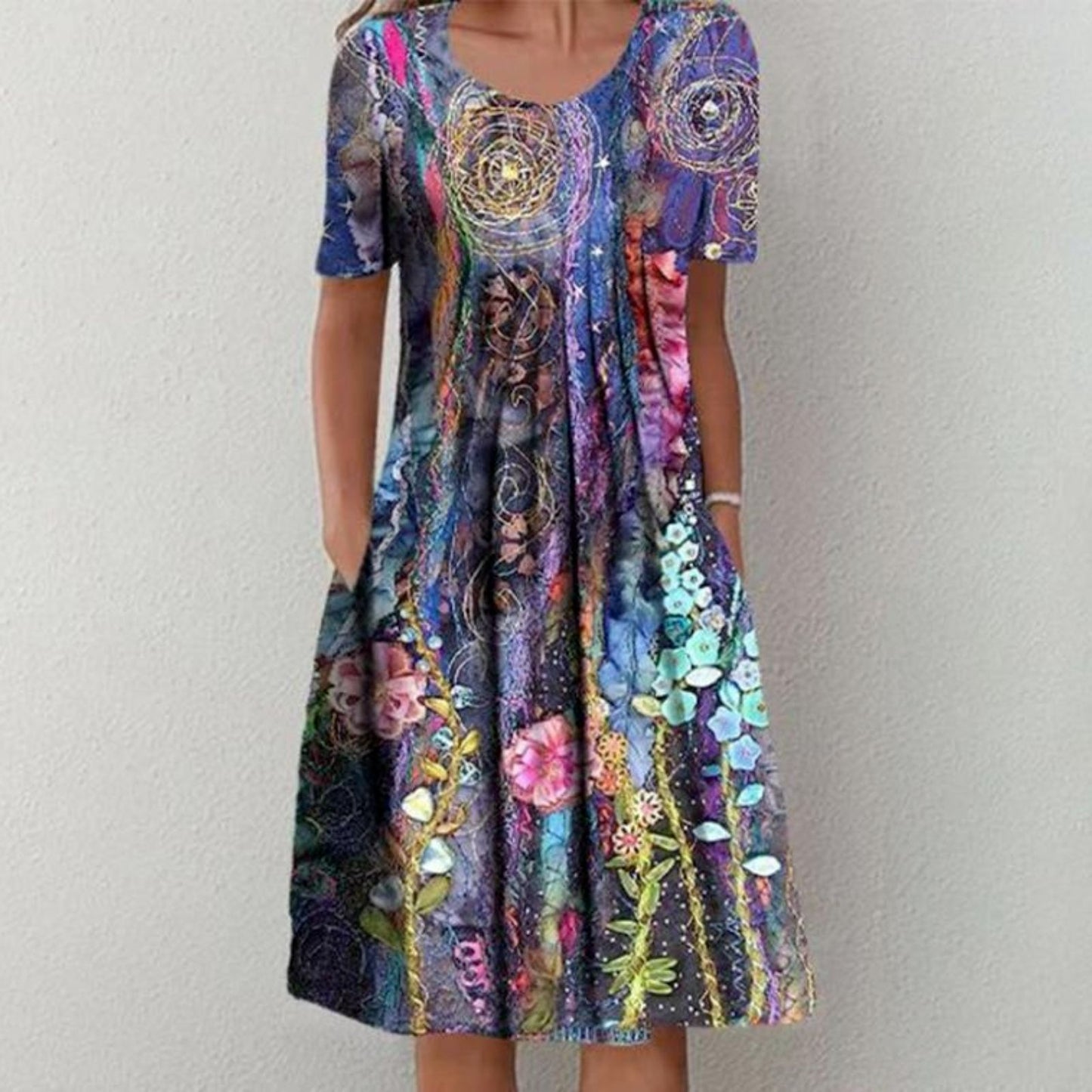 Women's Fashion Print Round Neck Sleeve Dress Dresses