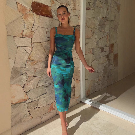 Women's Spring Sleeveless Slimming Sling Backless Floral Print Dresses