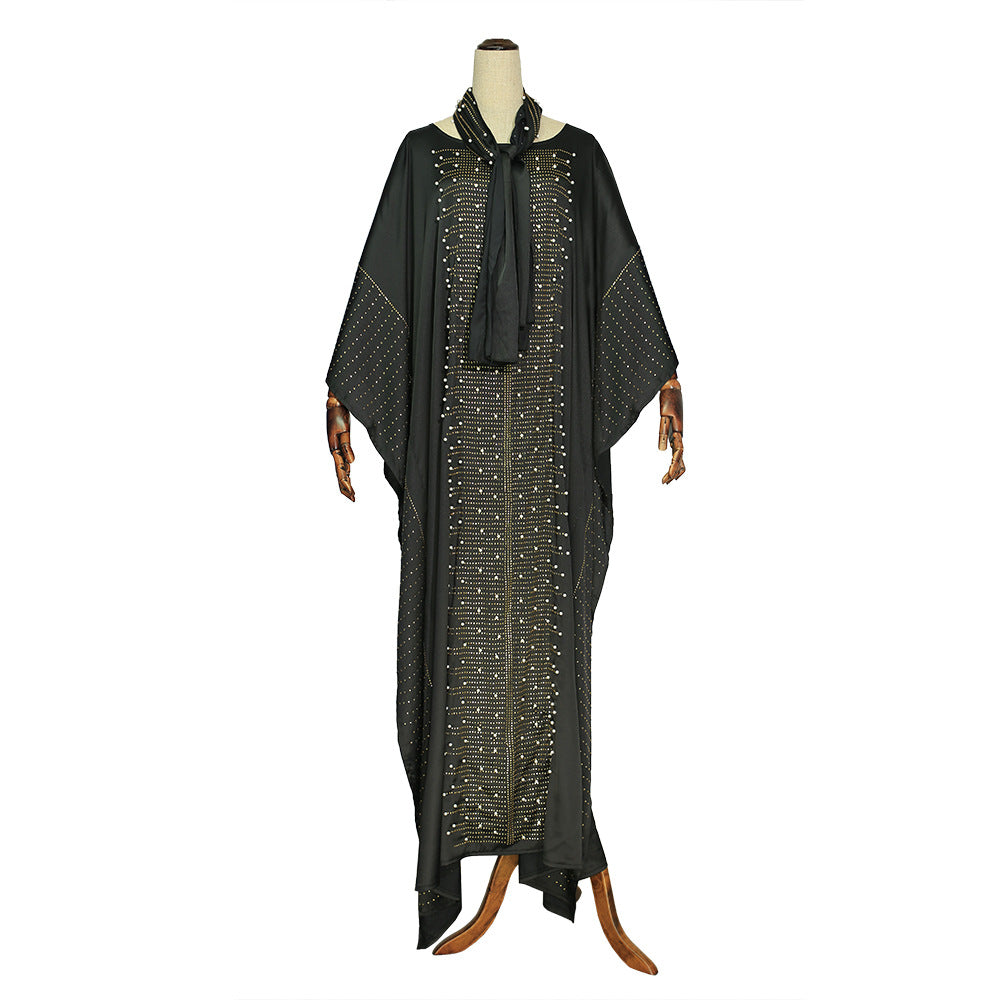 Women's Beaded Silk Satin Round Neck Wide Batwing Sleeve Plus Size