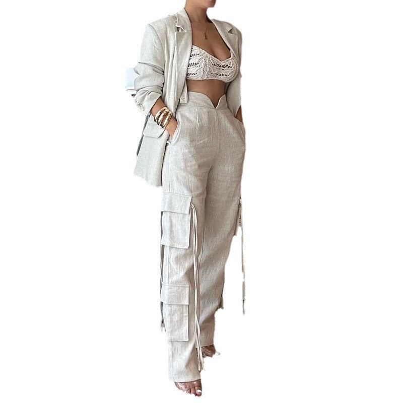 Cross-level Fashion Two-piece Apricot Trousers Loose Pants