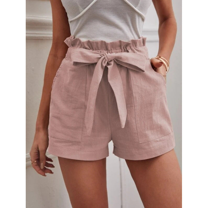 Women's Linen Leisure Pocket Solid Color Waist Shorts