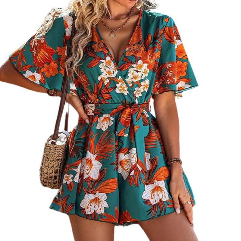 Women's Beach Vacation Style Ruffle Sleeve Cross Jumpsuits