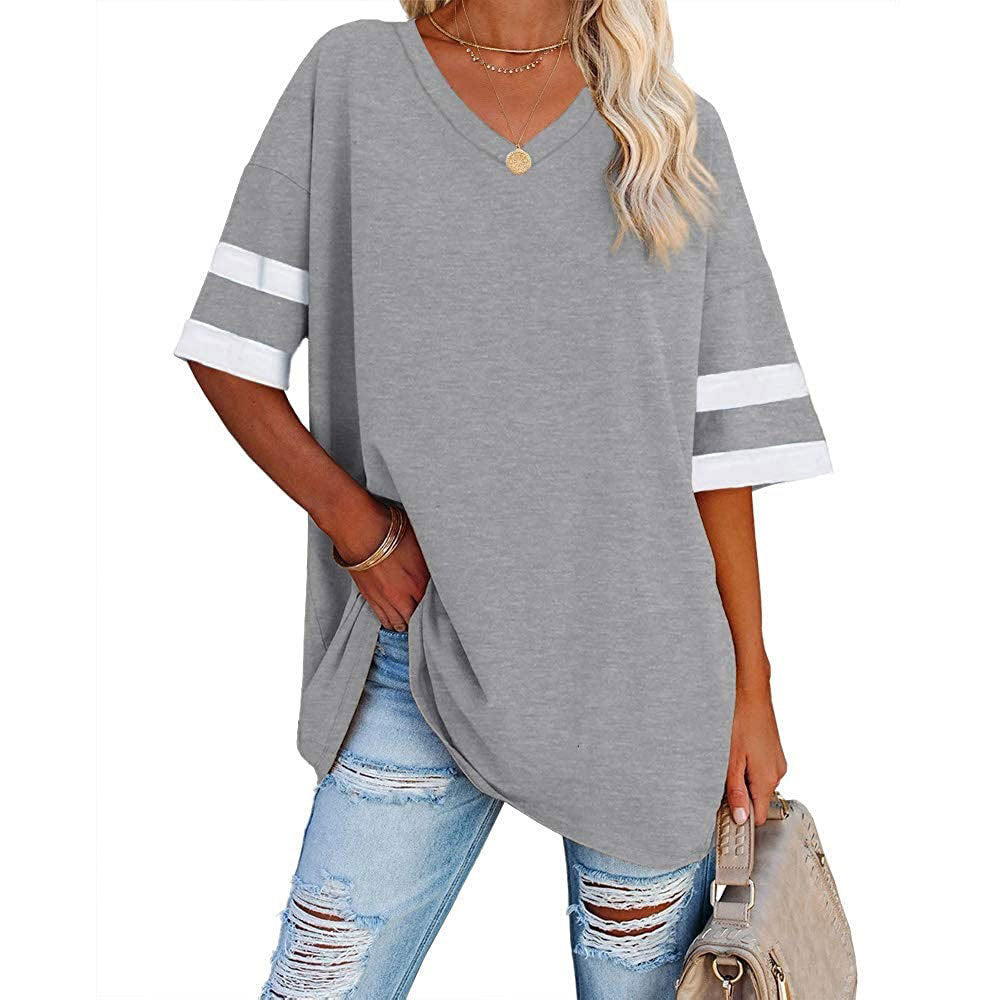 Women's Loose Half Sleeve Contrast Color T-shirt Tops