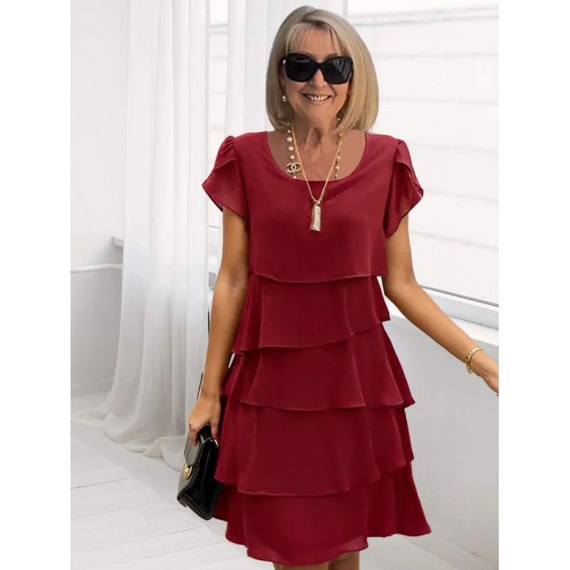Women's Sleeve Cake Solid Color Round Neck Dress