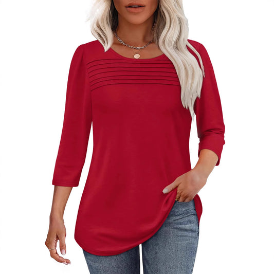 Women's Round Neck Sleeves Chest Tuck Line Blouses