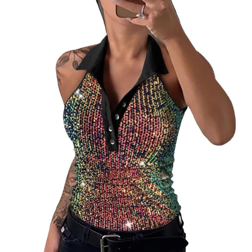 Women's Sexy V Lapel Button Sequined Sleeveless Tops
