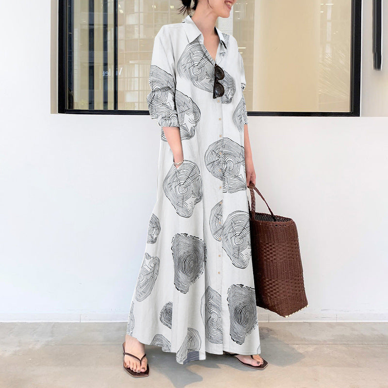 Women's Large Muslim Cotton Linen Printed Long Sleeve Simple Dresses